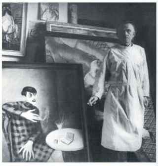 Fotografía de Otto Dix junto al cuadro original.